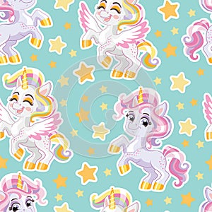 Seamless pattern with cute unicorns and stars turquoise vector