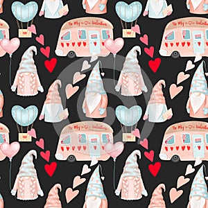 Seamless pattern of cute Valentine gnomes and holiday trailer