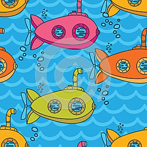 Seamless pattern with cute vintage submarines