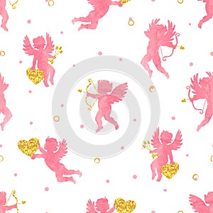 Seamless pattern with cute watercolor Cupids.