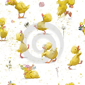 seamless pattern with a cute watercolor duckling