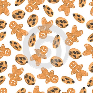 Seamless pattern of cute watercolor gingerbread. Chocolate chip cookies. Christmas gingerbread cookies. Hand drawn watercolor
