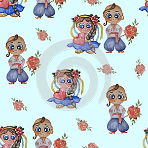 Seamless pattern. Cute watercolor illustrations. Ukrainian funny children - a boy with a rose and a girl with a heart in