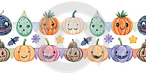 Seamless pattern with cute watercolor pumpkins. Hand drawn illustration.