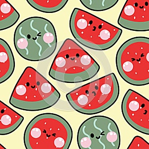 Seamless pattern of cute watermelon smile face on yellow background.Catoon character