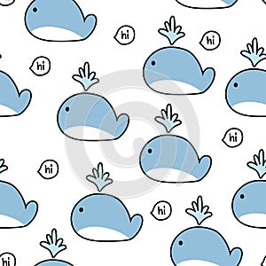 Seamless pattern of cute whale with hi word on white background.Under the sea animal