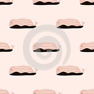 Seamless pattern with cute whales and hand drawn elements. Cute marine background. Vector Illustration.