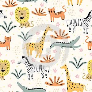 Seamless pattern with cute wild animals childish. Animals zoo with lion, zebra, crocodile, cat and giraffe. Suitable for design photo