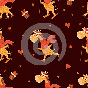 Seamless pattern with cute winter giraffes. Animal in scarf skiing, skating on burgundy background with hearts. Vector