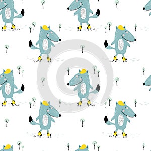 Seamless pattern with cute wolf. Vector illustration
