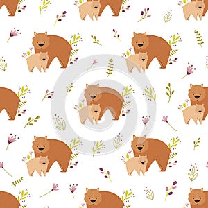 Seamless pattern with cute wombat families and field plants