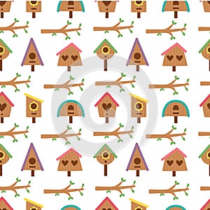 Seamless pattern with cute wooden birdhouses. Spring repeat pattern