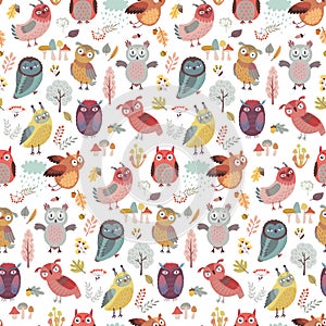 Seamless pattern with Cute Woodland owls. Funny characters with different mood. Vector illustration