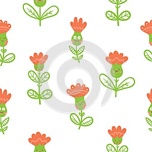 Seamless pattern with cutr cartoon peony on white background. Floral print with blubells. Anthropomorphic vector flowers.