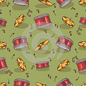 Seamless Pattern with Cymbals and Drums