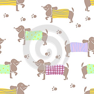 Seamless pattern with dachshund characters wearing knit sweater of various patterns. Vector illustration flat design. photo