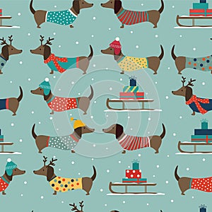 Seamless pattern with dachshunds in clothes and snow