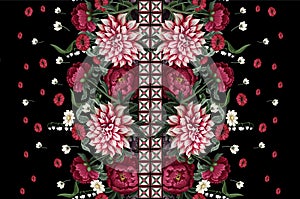 Seamless pattern with dahlia, peonies, wild flowers and geometrical elements. Vector.