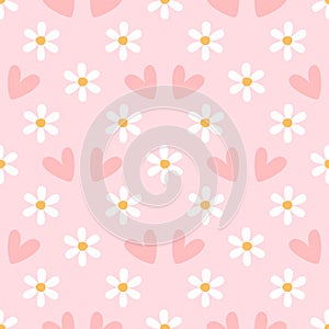 Seamless pattern with daisies and hearts. Romantic print with flowers.