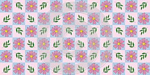 Seamless pattern with daisy flowers and branches, checked pink and blue background, vector