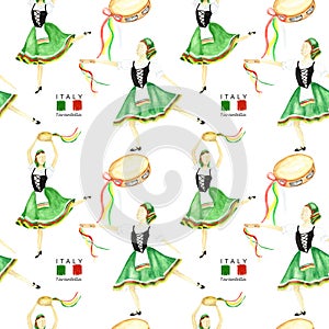Seamless pattern Dancers in green national costume an Italian tarantella with a tambourine on white background. Woman