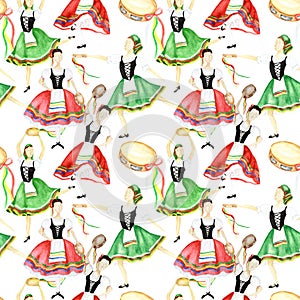 Seamless pattern Dancers in red and green national costume an Italian tarantella with a tambourine on white background