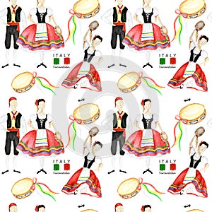 Seamless pattern Dancers in red national costume an Italian tarantella with a tambourine on white background. Woman and