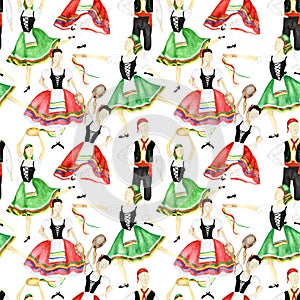 Seamless pattern Dancers in red national costume an Italian tarantella with a tambourine on white background. Woman and