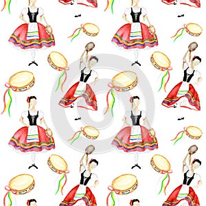 Seamless pattern Dancers in red national costume an Italian tarantella with a tambourine on white background. Woman