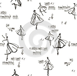 Seamless  pattern with dancing ballerina among music notes