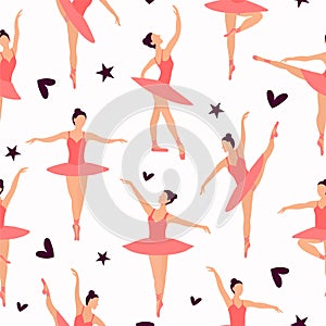 Seamless pattern of Dancing ballerinas silhouette in light-pink pointe shoes, tutu and leotard for ballet on a white background.