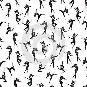 Seamless pattern with dancing girl poses. Female character in different choreographic positions in sportswear. Black and white