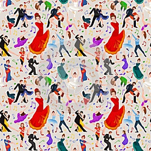 Seamless pattern. Dancing People, Dancer Bachata, Hiphop, Salsa, Indian, Ballet, Strip, Rock and Roll, Break, Flamenco