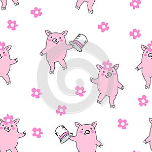 Seamless pattern with dancing pigs