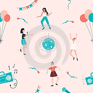 Seamless pattern with dancing women, balloons, disco ball, tape recorder, flowers.