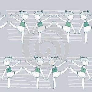 Seamless pattern with dancing young girls on grey stripe background, fun, kin. Kids in dynamic pose, with raised hands and legs.