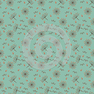 Seamless pattern with dandelions in light orange and brown color on gentle emerald background. Floral seamless background for dres