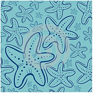 Seamless pattern dark blue doodle starfish on blue backdrop