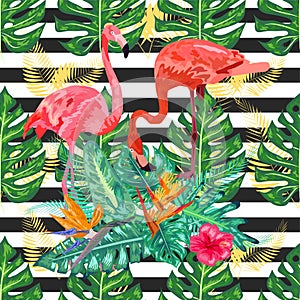 Seamless pattern with dark blue grunge stripes and pink flamingo. Pink flamingo background design