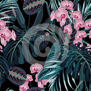 Seamless pattern, dark green colors palm leaves and tropical pink orchid flowers on black background.