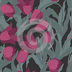 Seamless pattern of dark pink flowers on dark gray background. Vector illustration.