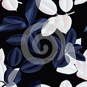 Seamless pattern, dark purple and light pink Ficus Elastica leaves on black