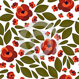 Seamless pattern with dark red flowers. Peonies, carnations, roses, chrysanthemums, lilies, poppies, sakura, apple blossom