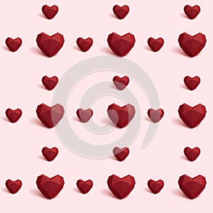 Seamless pattern with dark red polygonal paper heart on pink background. Wallpaper for Valentines Day. Love concept