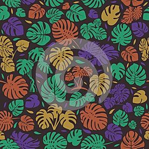 Seamless pattern with dark tropical leaves