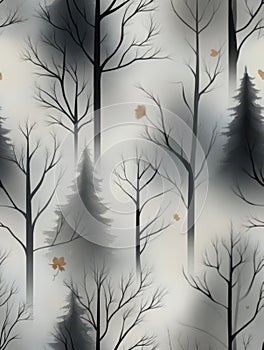 Seamless pattern of a dark winter forest in muted colors