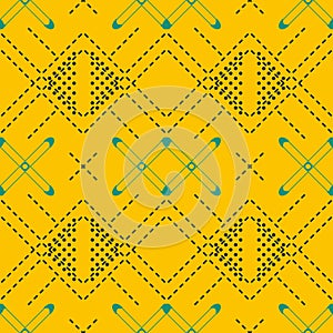 Seamless pattern with dashed lines in mustard and blue colors