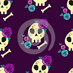 Seamless Pattern with Skulls and roses. Endless Pattern on a purple background. Illustration for the day of the Dead or Halloween.