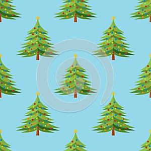 Seamless pattern with decorated Christmas tree on blue background
