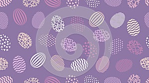 Seamless pattern with decorated Easter eggs on lilac background. Vector texture with simple geometric egg design